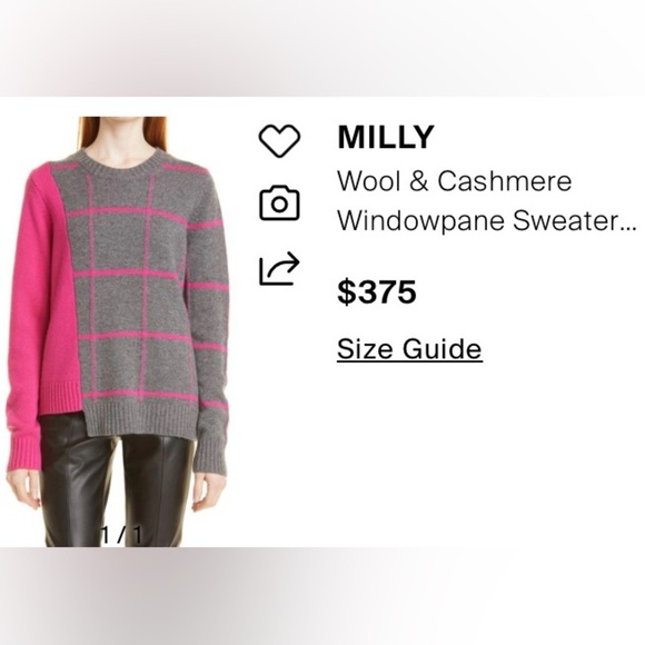 Milly Women’s Wool Cashmere Gray Pink WindowPane Pullover Crew Sweater S  NWOT - Picture 7 of 12